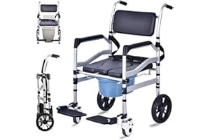 Foldable Rolling Commode Shower Chair for Seniors & Disabled, Height Adjustable Mobility Wheelchair with Arms, Waterproof Pad