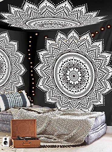 QNJins Black and White Ombre Mandala Tapestry Boho Mandala Tapestry, Wall Hanging, Gypsy Tapestry (Large, Black and White)