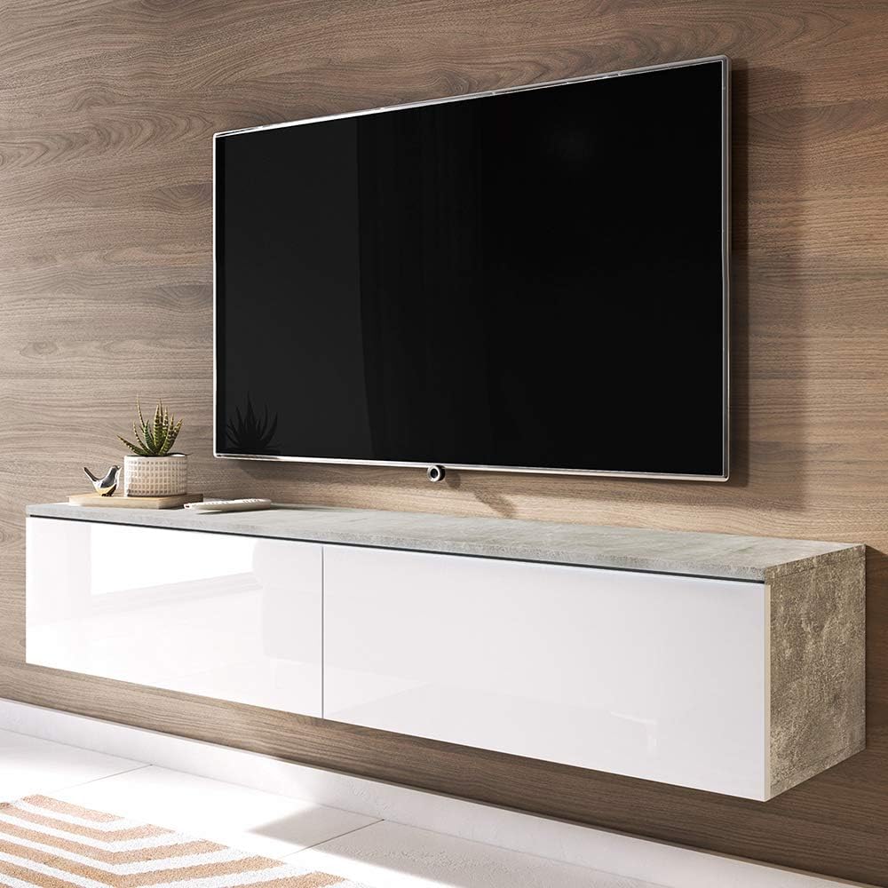 Beton Blanc Brillant 140 Cm Sans Led Meuble Tv A Suspendre Banc Tv Selsey Kane Ameublement Et Decoration Meubles