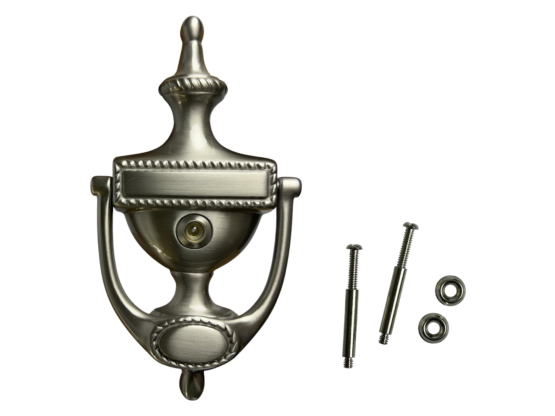 QCAA Solid Brass Door Knocker, Victorian Rope Type, 7-3/8", with 160 Degree Glass Len Door Viewer (UL Listed), Satin Nickel, 1 Pack, Made in Taiwan