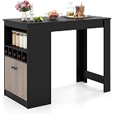 COSTWAY 48" Bar Table with Storage Cabinet &amp; Wine Rack, Home Dining Table | Multifunctional Bistro Table w/ Wine Rack, Kitchen Breakfast Table, Ideal for Coffee Shop, Pub, Living Room