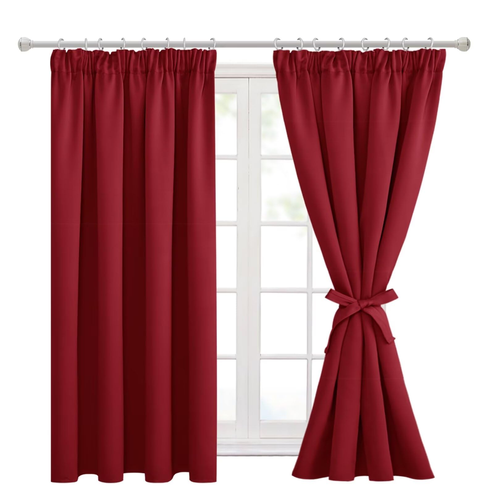 Hiasan Pencil Pleat Blackout Thermal Insulated Curtains, Bedroom and Living Room with Tiebacks, Energy Saving and Noise Reducing, 2 Panels, 66 x 54 Inch, Red
