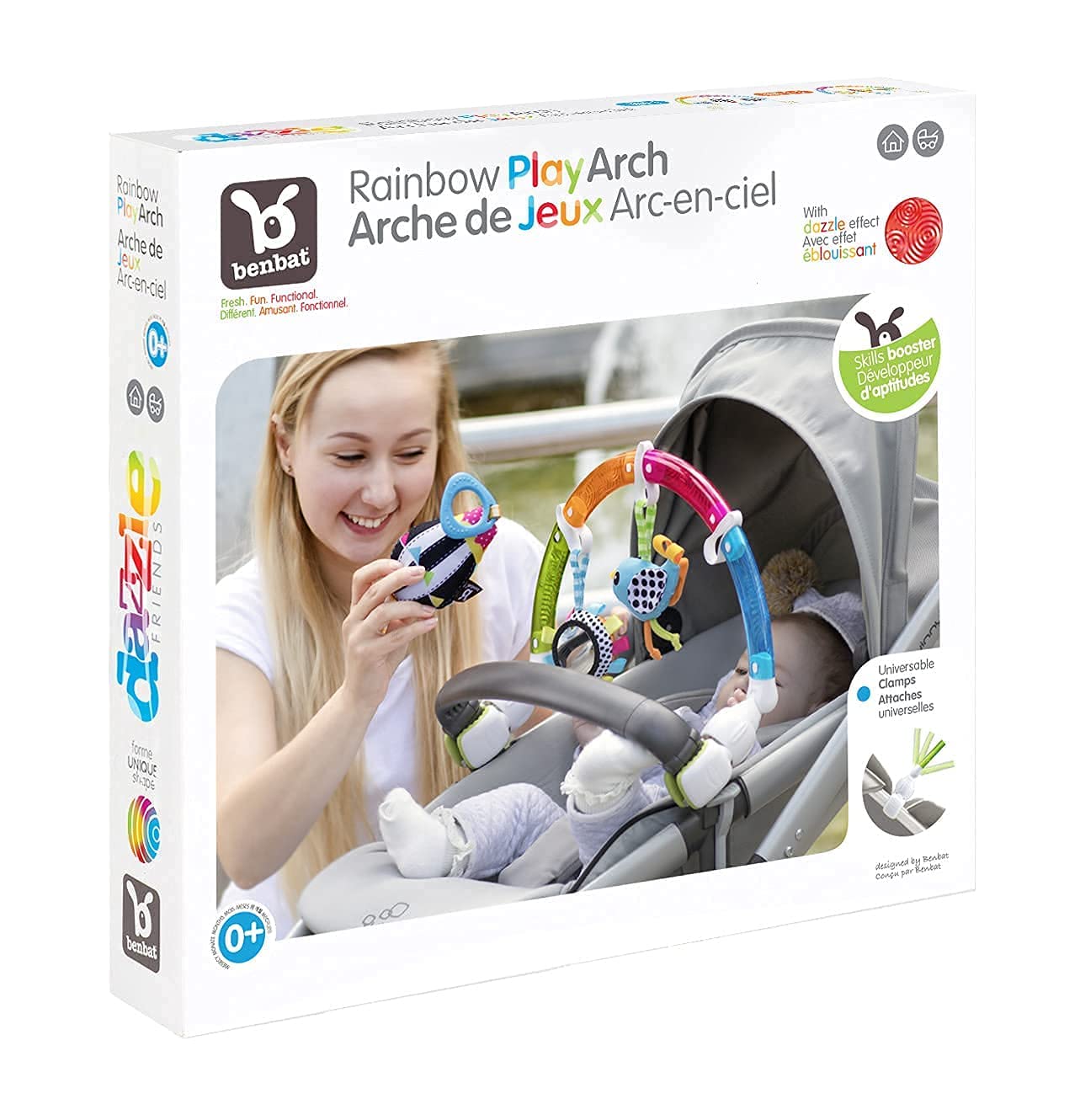 BENBAT Baby Stroller Arch Toy Rainbow Dazzle Friends Play Bar. Fun Newborns Sensory Activity, Adjustable for Bouncers and Car Seat.