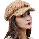 Faux Fur Newsboy Beret Cap for Women - Winter Hat with Visor Bill - Stylish Plush Cloche - Khaki