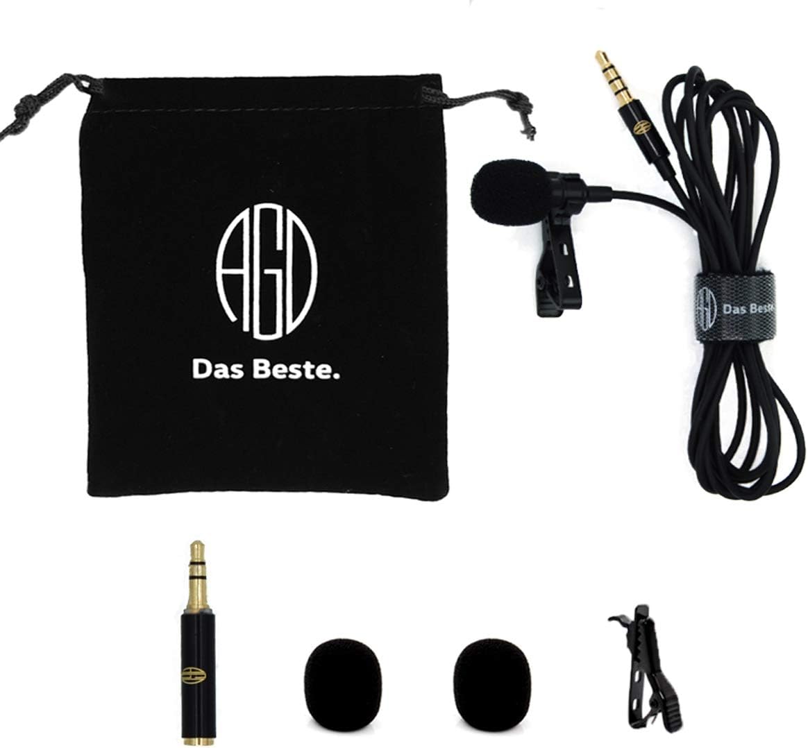 AGD Professional External Lavalier Lapel Microphone Clip-on Omnidirectional Condenser Lav Mini Mic Compatible with iPhone iPad Android DSLR Zoom PC Laptop PS4 Youtube Facebook Vlog Podcast Interview
