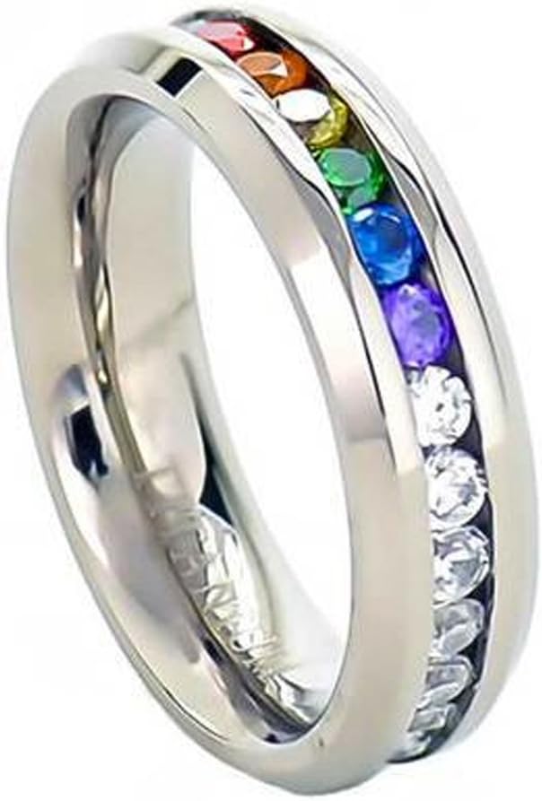 Rainbow Super Full String Clear & Rainbow Ring. Gay & Lesbian Pride Stainless Steel Ring (Great as Gay Gift or Wedding Marriage or Engagement Band w/CZ Stones)