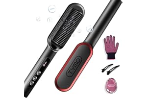 TYMO Ring Plus Ionic Hair Straightener Brush - Straightening Comb with Negative Ions for Women, Titanium Coating, 9 Temp Settings & LED Display, Dual Voltage, Professional Styling Tools