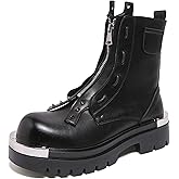 Men'S Leather Chunky Heel Motorcycle Boots With Front Zipper Comfortable Round Toe Non-Slip Lug Sloe Block Heel Platform Collision Avoidance Combat Ankle Boots For Daily Riding Casual Party Work
