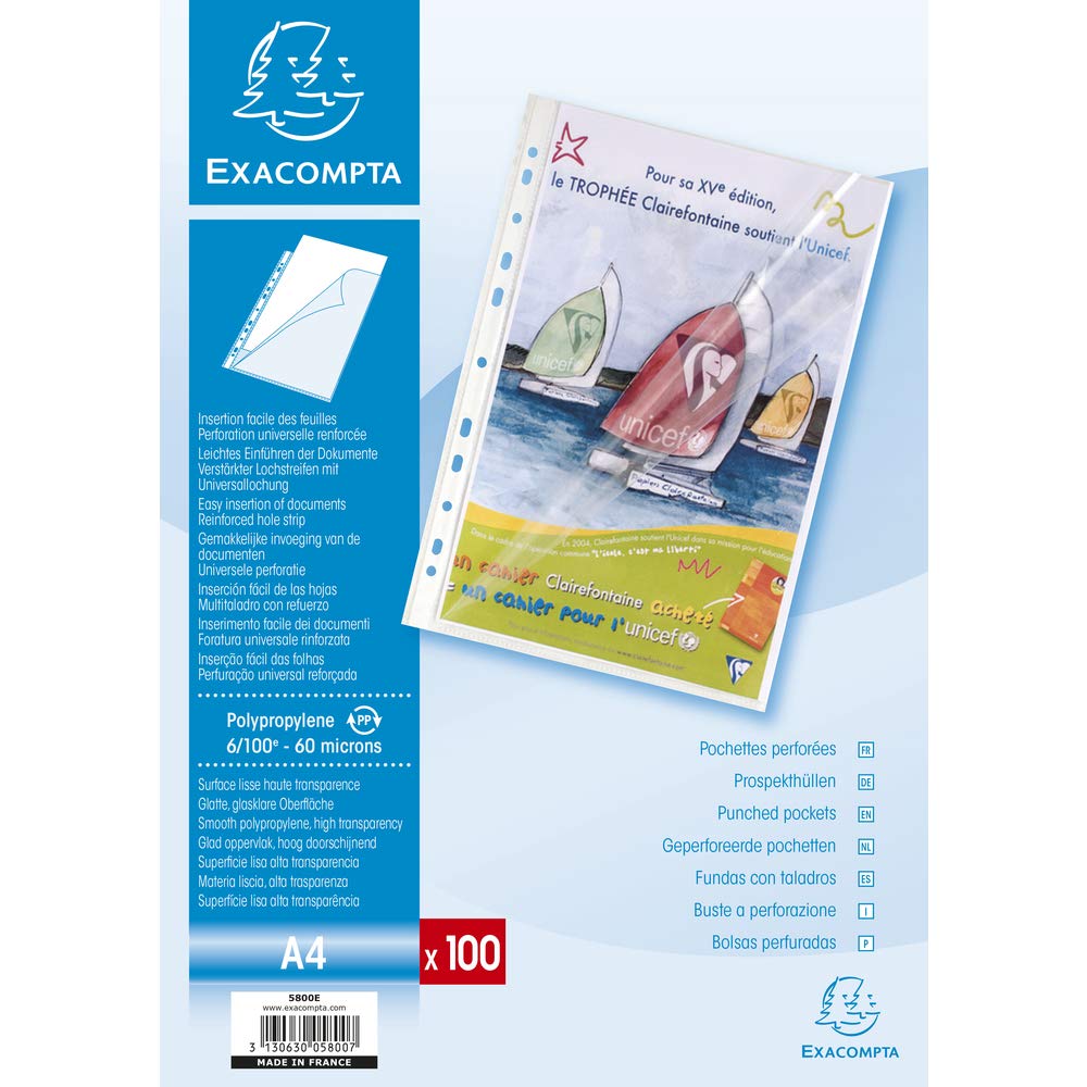 Exacompta - Ref 5800E - Stop Doc Corner Opening Punched Pockets (Pack of 100) - Suitable for Storing A4 Documents, Made From 60 Micron Clear Polypropylene - Side Opening