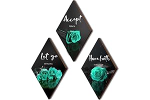 ZINYAZHE 3 Pcs Teal Wall Decor Teal Rose Bathroom Decor Farmhouse Turquoise Bathroom Inspirational Wood Office Wall Art with Accept Let Go Have Faith Sign for Girl Women Living Room Bedroom(Teal Rose12x7 Inch)