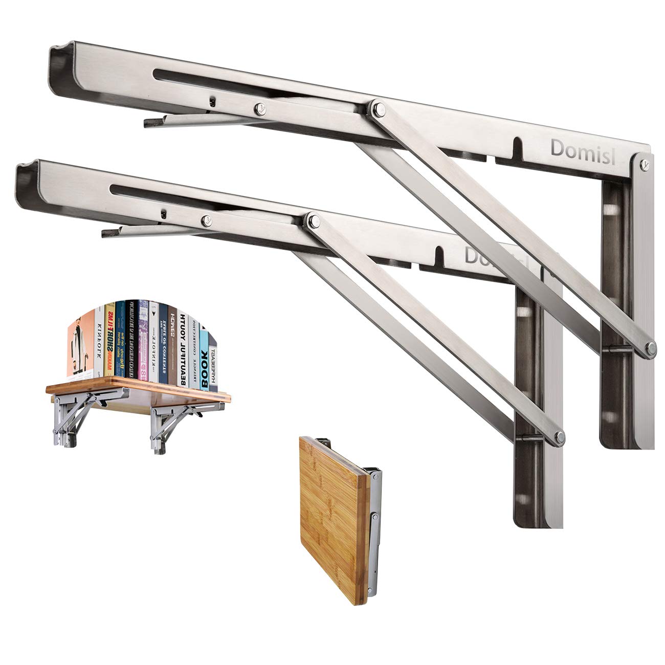 DOMI PRO Folding Shelf Brackets 24 Inch Heavy Duty Stainless Steel Collapsible Wall Mounted Shelf for DIY Bracket,Folding Bench,Work Table, Space Saving Max Load 500lb 2pcs with Screws