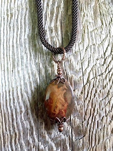 Jasper Necklace - Oval Cut Petrified Wood Jasper Pendant - Copper Accents &amp; Spacers - Unique Copper Mesh Chain - 18" Length w/extension