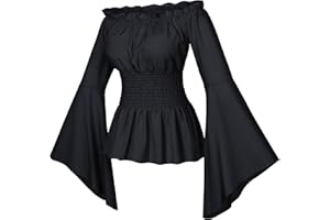 Irtysh Womens Renaissance Victorian Peasant Ruffle Smocked Waist Boho Pirate Shirt Blouse Cosplay Costume