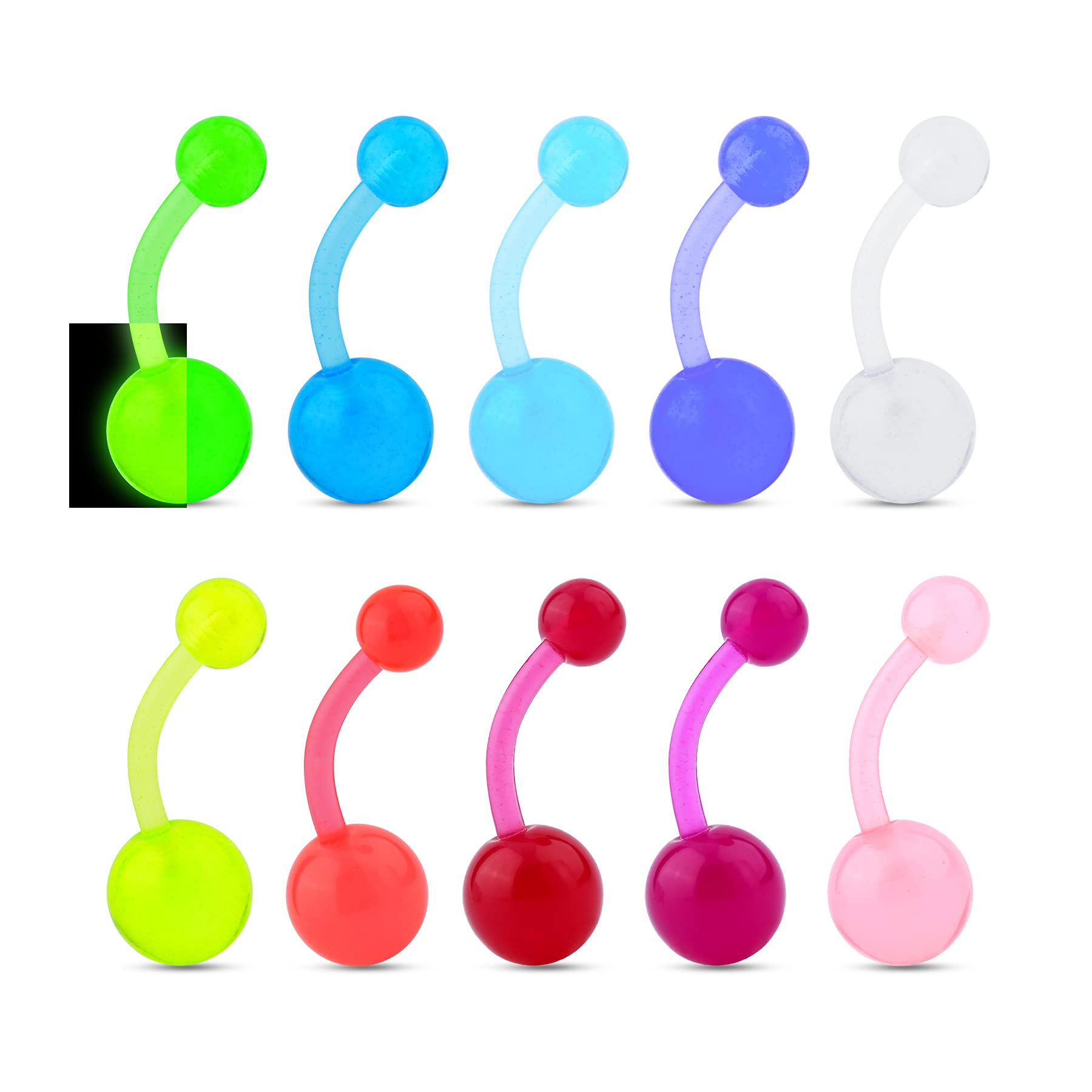 CM Crareesi Mania 10Pieces Belly Bars Glow in The Dark Belly Rings 14G Acrylic Flexible Banana Barbells Colorful Belly Piercing Jewellery Navel Bars