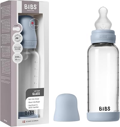 BIBS Glass Baby Bottle 240 ml 1-Pack Silicone Teat Baby Blue