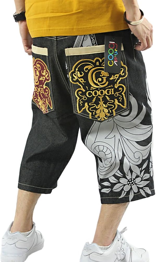 QBO Men's Rhino Hip-hop Embroidery Loose Denim Short Baggy Jeans