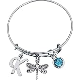 Personalized Dragonfly Charm Bangle Bracelet with Birthstone and Initial Charm, Dragon Fly Jewelry Gifts for Women, Teens and Girls
