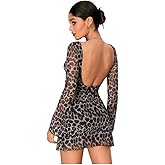 WDIRARA Women's Y2k Leopard Print Dress Mesh Bell Long Sleeve Backless Mini Dresses