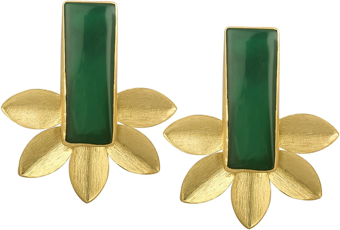 Spargz Floral Designer Gold Plated Green Synthetics Stones Stud Earrings