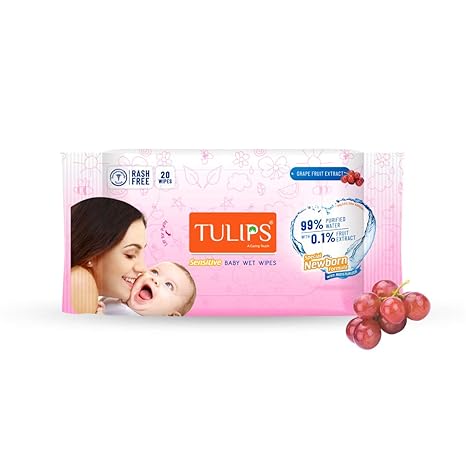 Tulips Baby Wet Wipes (20 Wipes x 2 Packs) for Gentle Cleaning/Moisturising, Rash Free, 99% Purified Water with Grapefruit Extracts