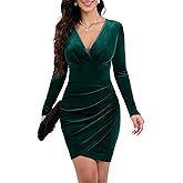 IHOT Women's Sexy V Neck Long Sleeve Velvet Bodycon Ruched Faux Wrap Cocktail Party Dress