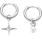 MYHAO Star Drop Hoop Earrings for Women Teens 925 Sterling Silver Star Huggie Earrings Simulated Pearl Drops Hypoallergenic
