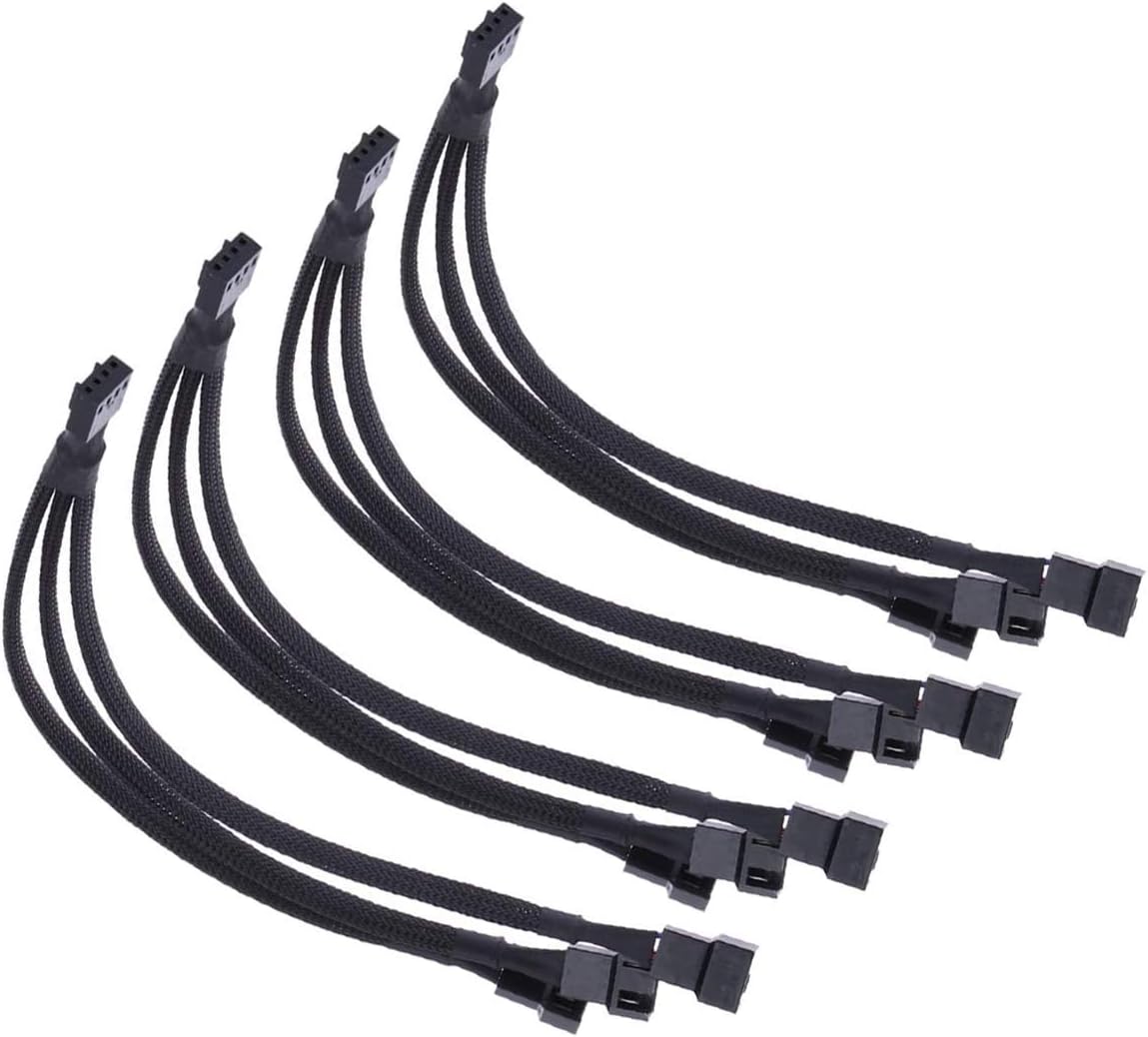 YMWALK 4 pin PWM Fan Cable Fan Splitter Adapter Cable 1 to 3 ways Converter Y Shaped Splitter Black Sleeved Extension Cable for Host Case (Pack of 4)