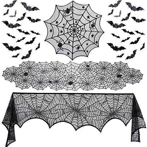 Gugusure 39 Pieces Halloween Decorations Set Include Lace Spider Web Table Runner, Round Lace Table Cover, Fireplace Mantel Scarf and 36 pcs 3D Bat Wall Decals Stickers for Halloween Party