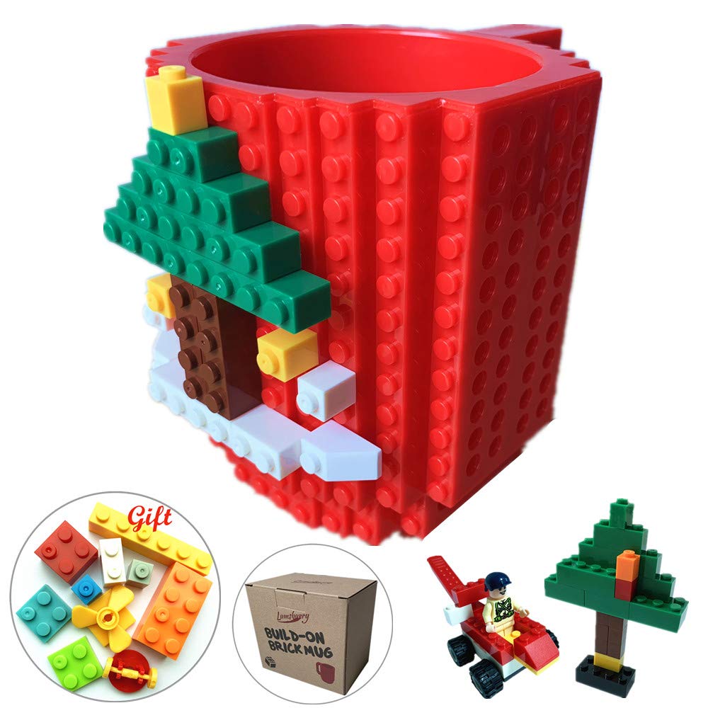Build-on Brick Coffee Mug, Funny DIY Novelty Cup with Building Blocks Creative Gift for Kids Men Women Xmas Birthday (Red)