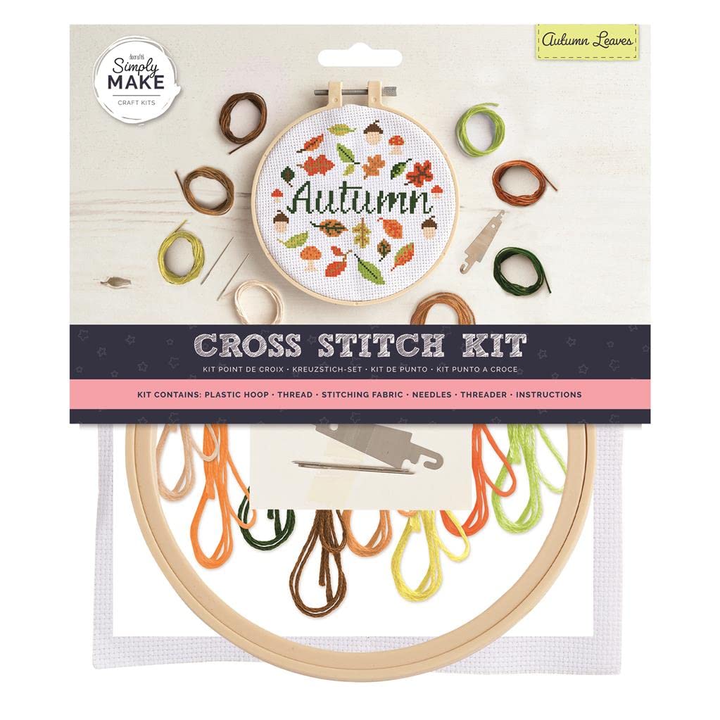 Simply Make Cross Stitch Kit - Autumn Leaves Design for Kids and Adults, Including Hoop, Embroidery Thread, Fabric and Needle - Perfect for Adult Crafts and Beginners - Starter Cross Stitch Craft Kit — image 1