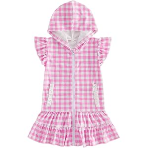 Beautooly Toddler Girls Beach Cover Up Hooded Towel Robe Short Sleeve Zipper Bow Embroidery Terry Cloth Swim Coverup