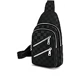 HONGYICHAO Checkered Black Leather Crossbody Bag for Women - Water Resistant Sling Bag, Adjustable Strap Chest Pack Fanny Pack