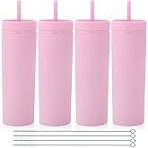 Volhoply 20oz Plastic Skinny Tumblers Bulk 4 Pack,Double Wall Tumbler with Lid and Straw,Reusable Travel Iced Coffee Mug,BPA Free Matte Acrylic Water Cups With Straw for Party,DIY Gifts(Pink, 4 Set)