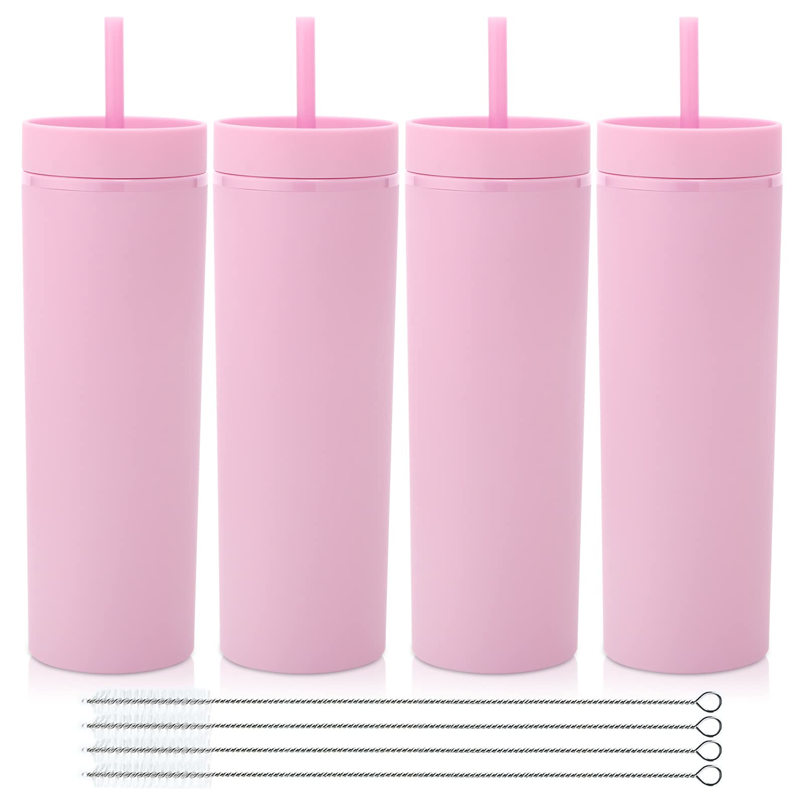 Volhoply 20oz Plastic Skinny Tumblers Bulk 4 Pack,Double Wall Tumbler with Lid and Straw,BPA Free Matte Acrylic Water Cups for Parties(Pink, 4 Set)