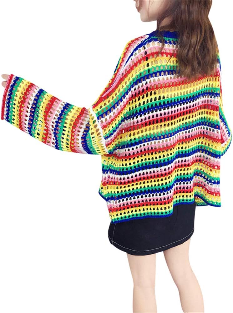 Women's Casual Loose Long Sleeve Jumper Baggy V-Neck Tops Blouse T-Shirt Rainbow Sweater