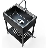 26" Freestanding Stainless Steel Utility Sink, Single Bowl Kitchen Sinks w/Storage Shelve, Black Heavy Duty Sinks with Cold & Hot Water Pipe for Commercial Laundry Room Farmhouse, 12-Gallon Basin