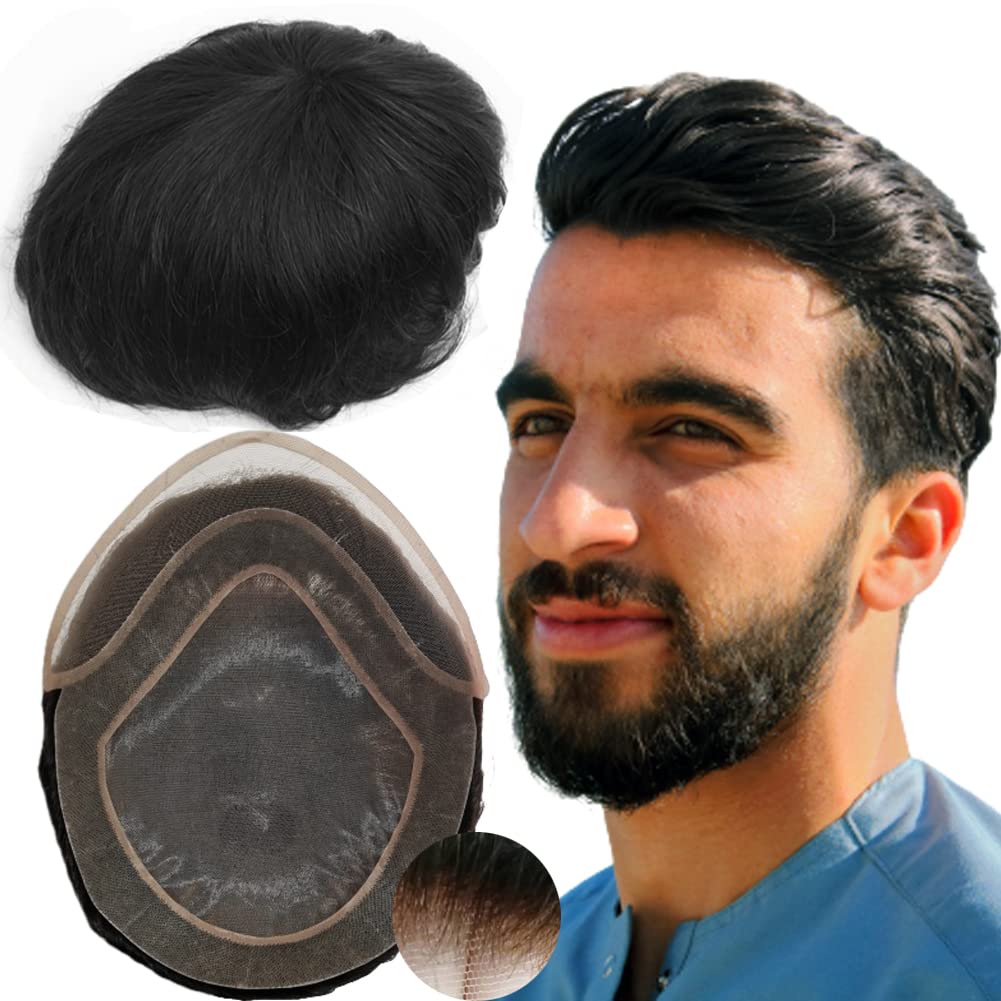 Toupee for Men Yanahair Straight Hair Pieces Mens Hollywood Toupee Human Hair Replacement System 100% European Real Human Hair System Fine French Lace with PU Around (#1B Off Black, 8"x10")