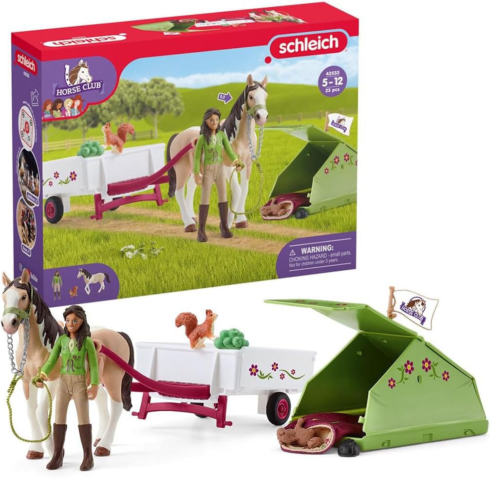 SCHLEICH HORSE CLUB — 42533 Sarah's Camping Adventure Horse Playset, 23-Piece Toy Horse and Trailer Set with Doll and Camping Tent, Horse Toys for Girls and Boys Ages 5+