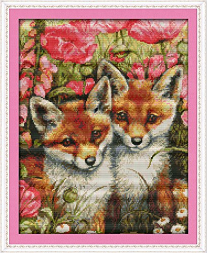 AngelGift Needlecrafts Stamped Counted Cross Stitch Set, Animal - Poppy and Fox