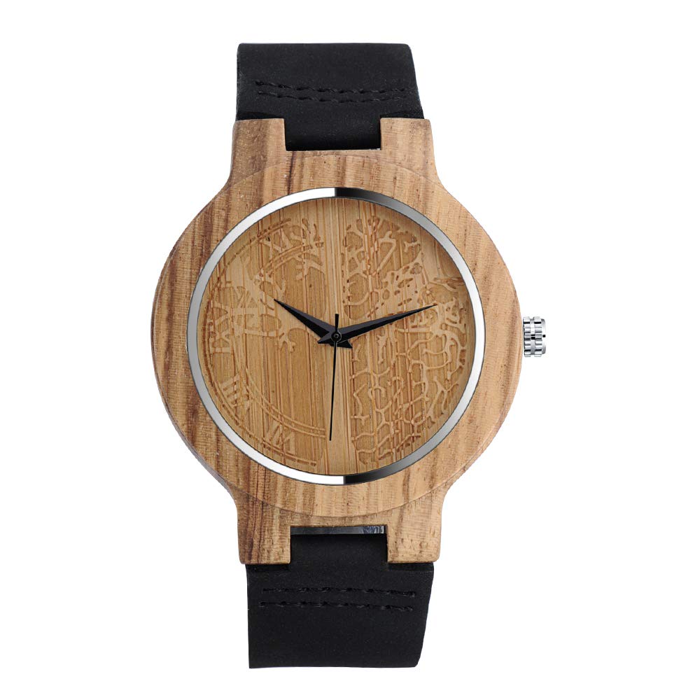 MICGIGI Unisex Bamboo Wood Quartz Watch Tree of life Genuine Leather Strap Natural Wood Wrist Watch
