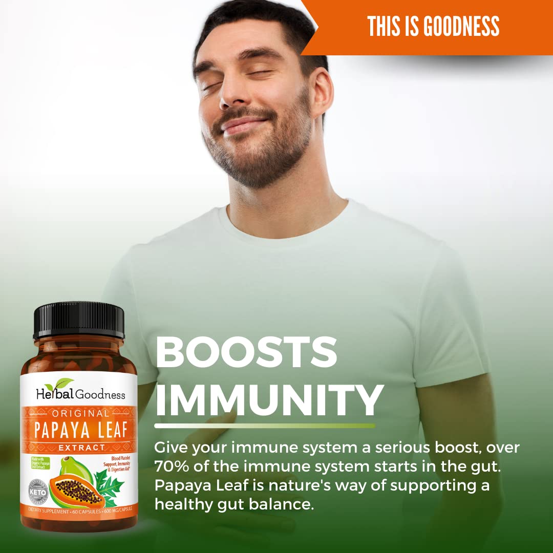 Papaya Leaf Extract Capsules 10X Strength - 60/600mg Veg Capsules- Blood Platelet, Bone Marrow & Spleen Support, Immune Gut & Super Digestive Health - Herbal Goodness (Pack of 6)