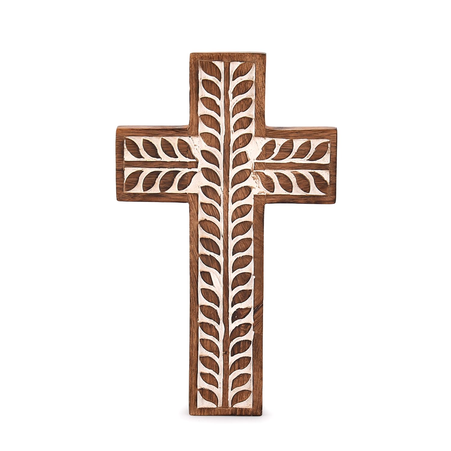 Indus Lifespace Mango Wood Religious Catholic Cross Wall Hanging Floral Carvings Living Room Home Décor for Entryway Office Living Room (25.4cm x 15.24cm x 1.90cm)