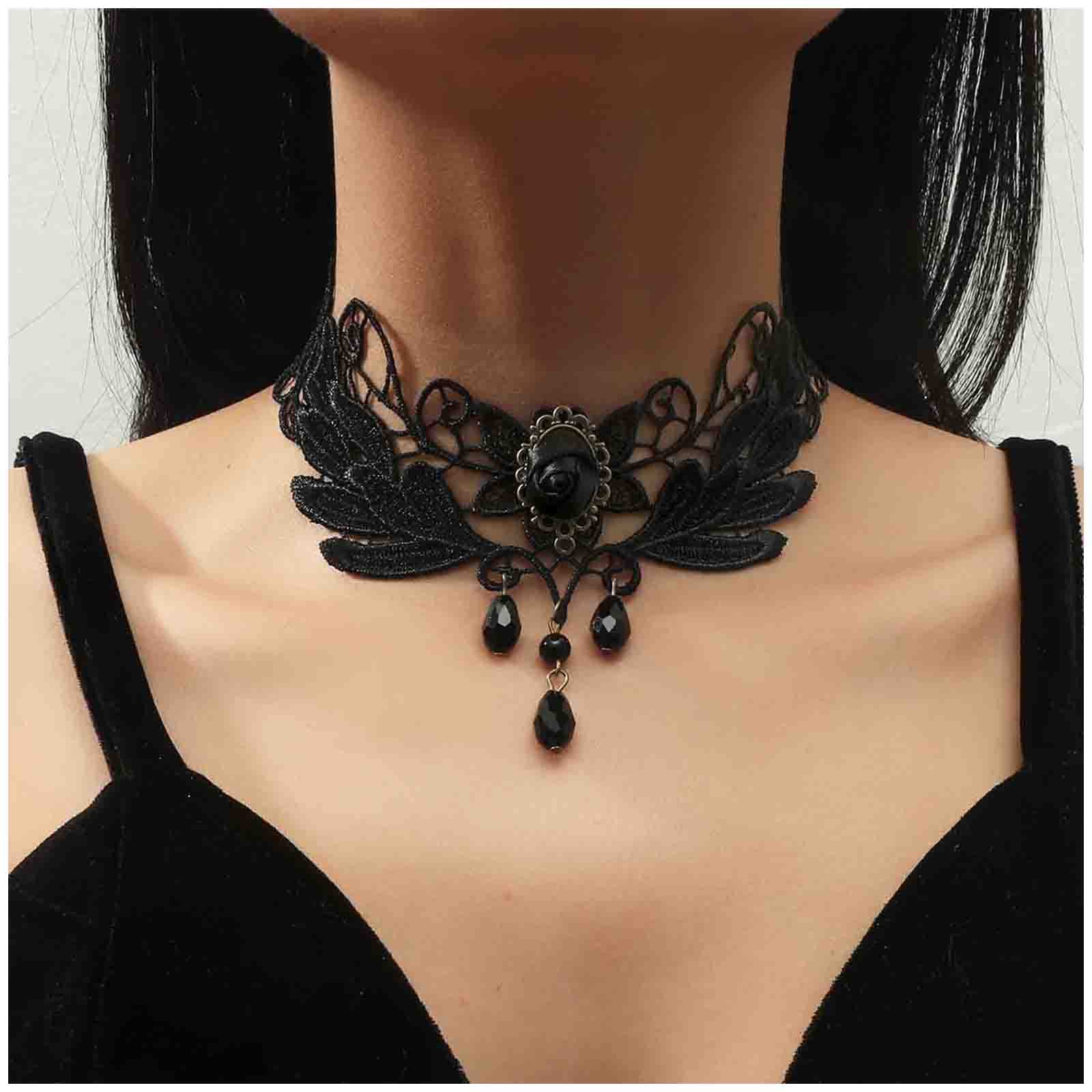 Cimenexe Gothic Black Lace Necklace Black Cz Dangle Necklace Vintage Flower Lace Necklace Waterdrop Rhinestone Necklace Choker Jewelry for Woman and Girls Halloween Party Cosplay