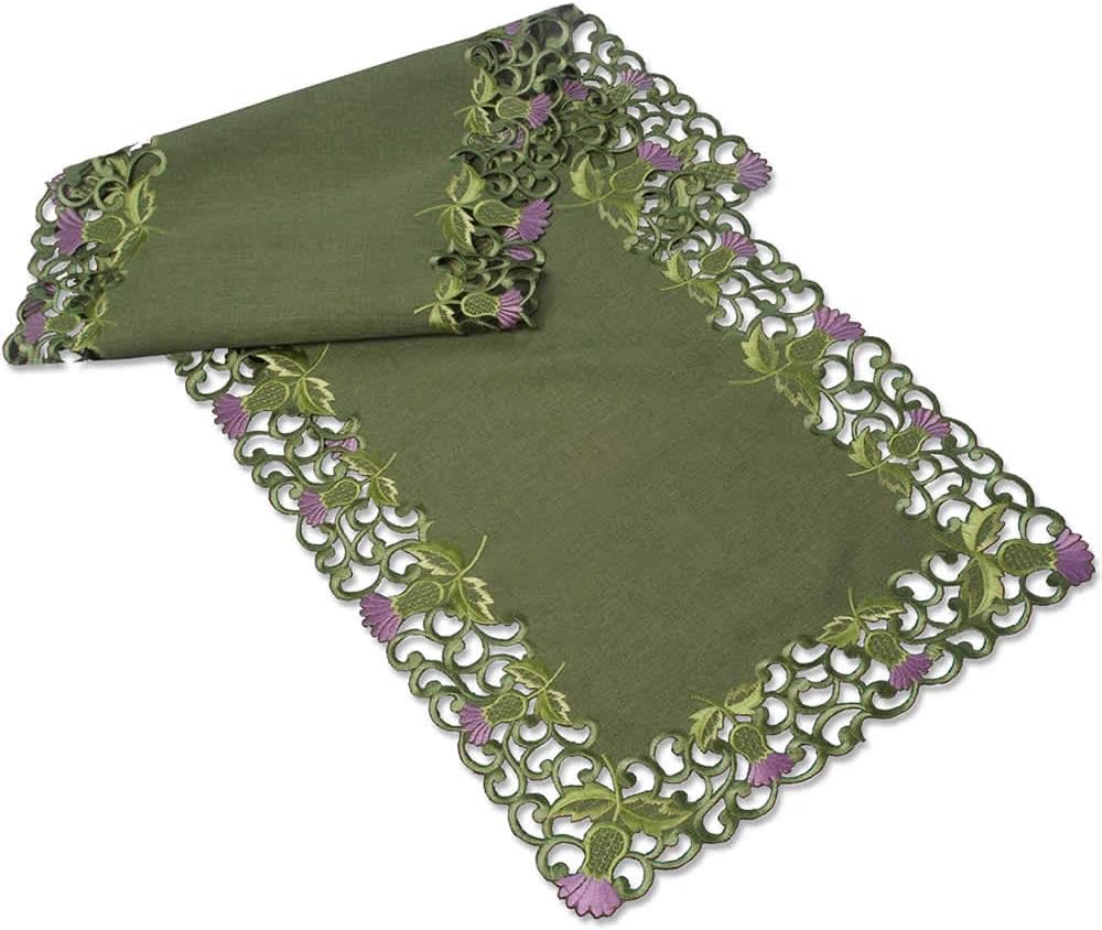Table Runner (Large) in Green Balmoral Thistle Design. Beautifully embroidered table linen to grace your dining table at Hogmanay