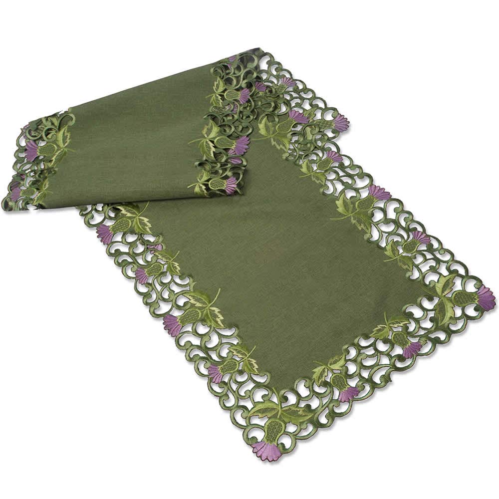 Table Runner (Large) in Green Balmoral Thistle Design. Beautifully embroidered table linen to grace your dining table at Hogmanay, Burns Night, St Andrew’s Day, or to dress the tables at your Scottish Wedding, Engagement Party or other Scottish Celebrations, also ideal for Christmas, Mother's Day and Easter Dining Gifts and Celebrations.