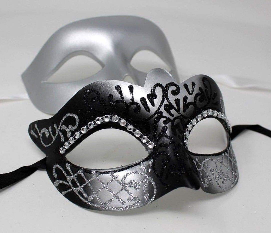 HIS N HERS PAIR OF CO-ORDINATED SILVER & BLACK COUPLES VENETIAN MASQUERADE CARNIVAL PARTY BALL EYE MASKS