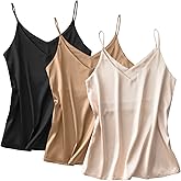 Miqieer Basic 3 Pack Women's Silk Tank Top Ladies V-Neck Camisole Silky Loose Sleeveless Blouse Tank Shirt with Soft Satin