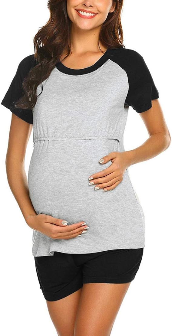 Maternity Nursing Hospital Set Sleepwear Pajamas Pregnancy Clothes Women Summer Breastfeeding Pyjamas Sleepsuits Nightwear Shirt and Shorts Pjs 2 Pieces
