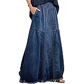 loveimgs Women's Vintage Frayed Hem A Line Long Maxi Skirt Distressed Elastic High Waist Retro Jeans Skirt