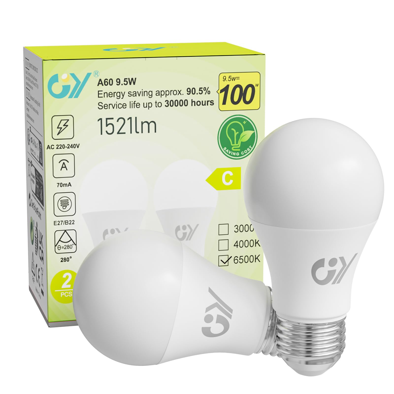 GY LED Bulb, 2 Pack A60 9.5W 6500K Cold White, 1521 Lumens, Replaces 100W Halogen, Non-Dimmable